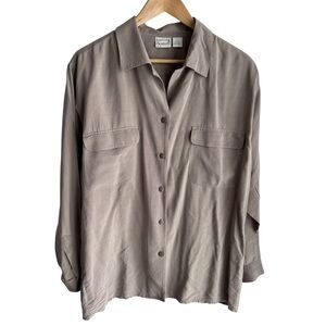 Vintage 100% Silk Shirt Sz L Beige Taupe Button Down HOLES